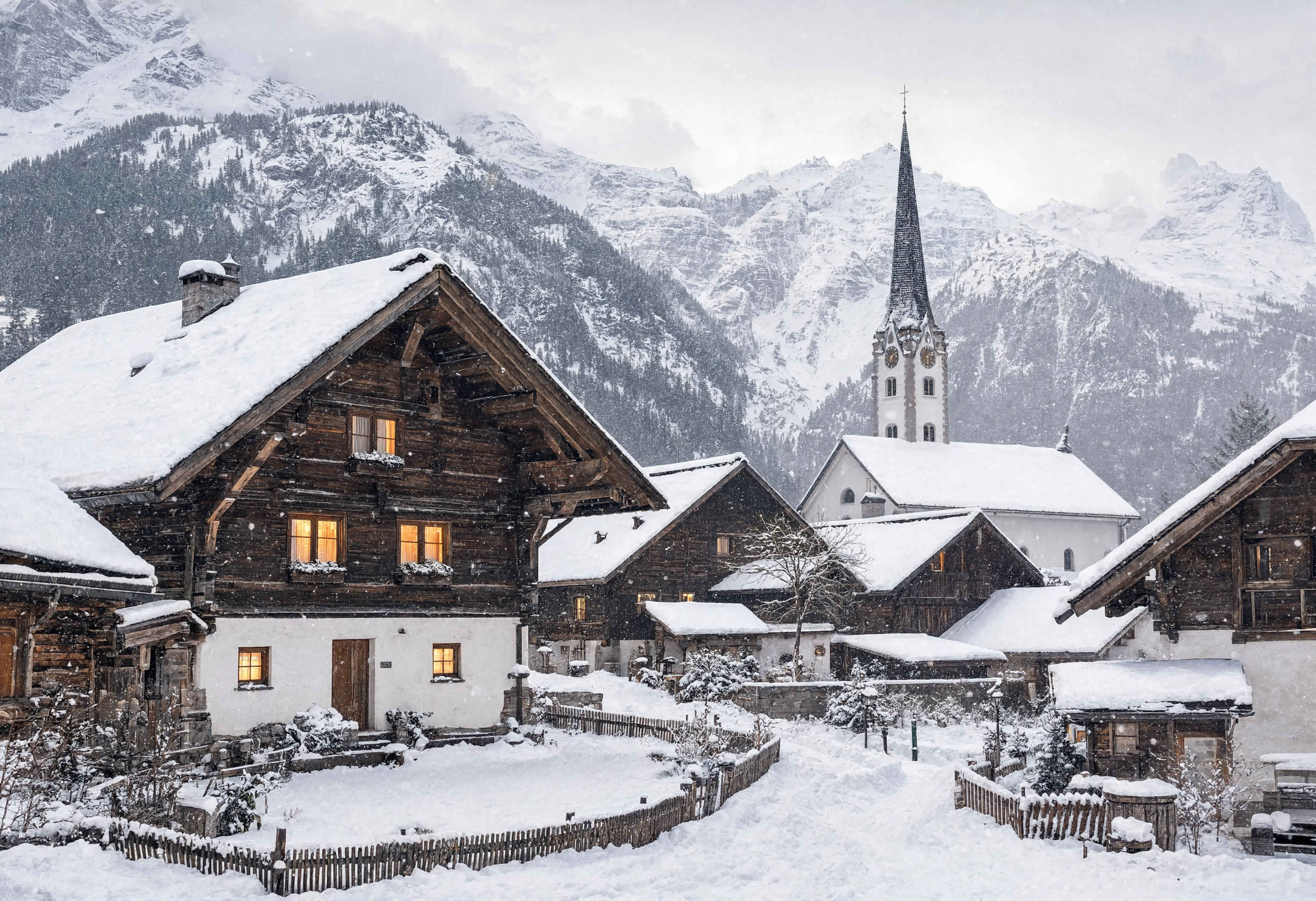 Bayerisches Bergdorf im Winter mit verschneiten Holzhäusern und Kirchturm